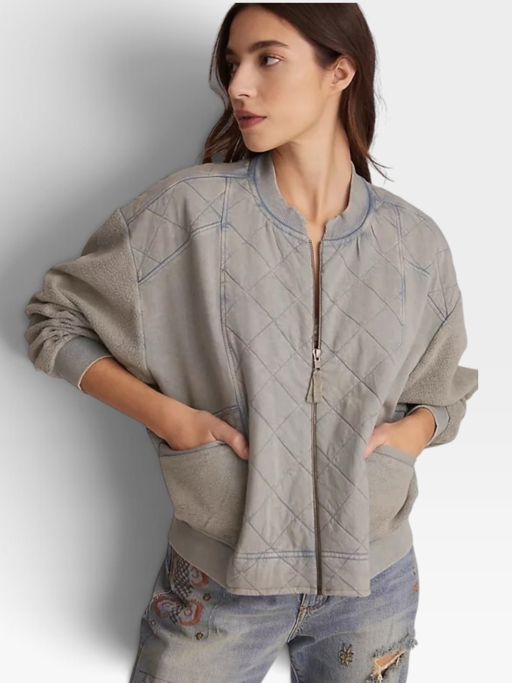 Anthropologie Pilcro Quilted Bomber Jacket Faded Acid Wash Blue Boho M